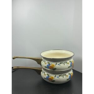 Vintage Floral Enamel Saucepan Pot Set Cream Blue Orange Flowers Gold Handle